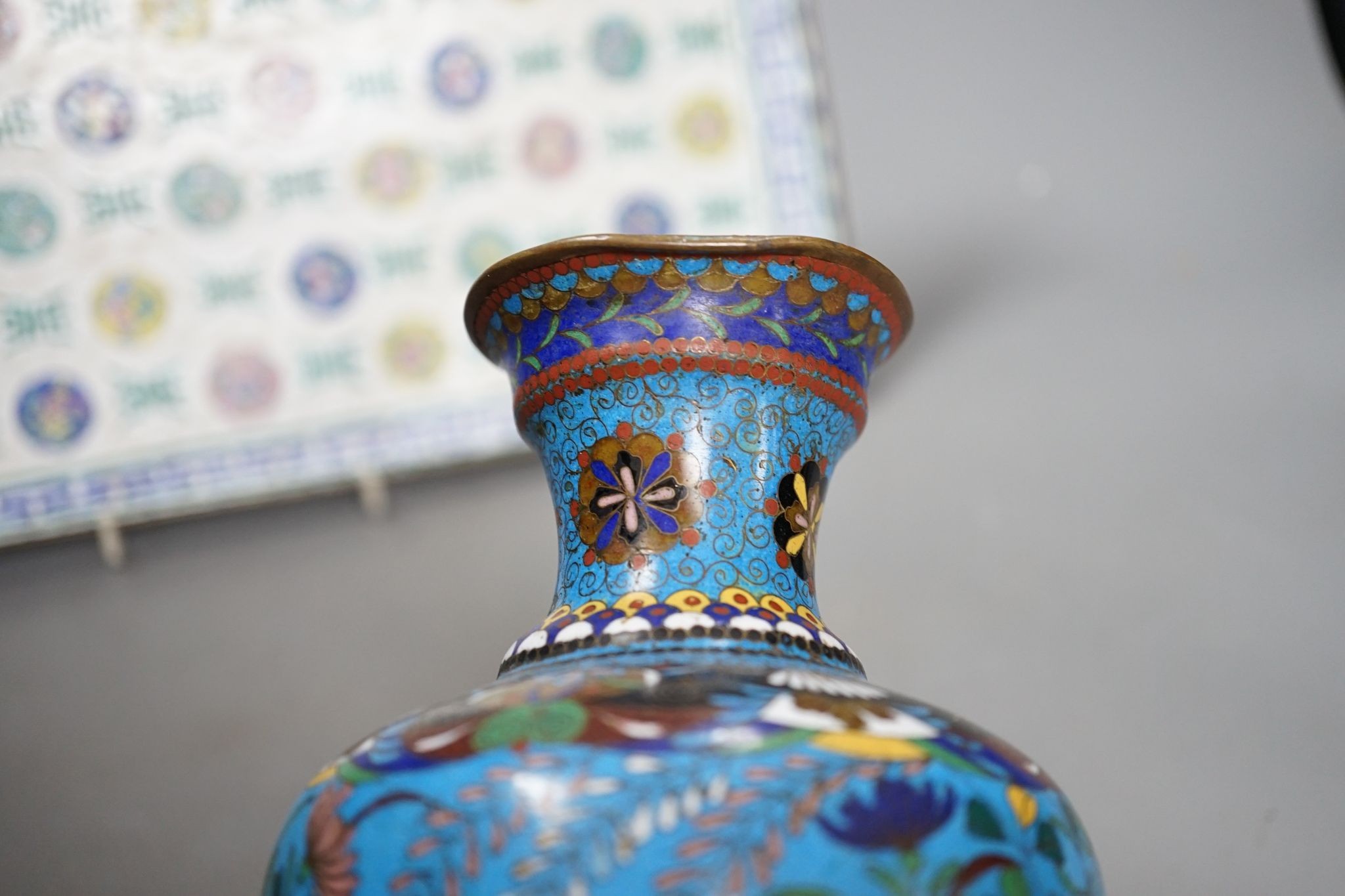 A 19th century Canton enamel tray, a cloisonne enamel bowl and a vase, 30cm